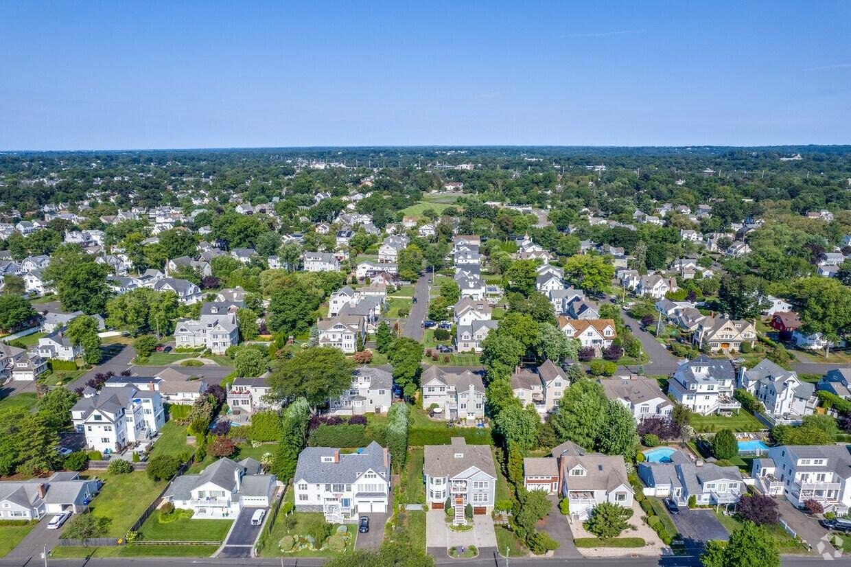 Aerial view of Fairfield Connecticut coastline and residential community