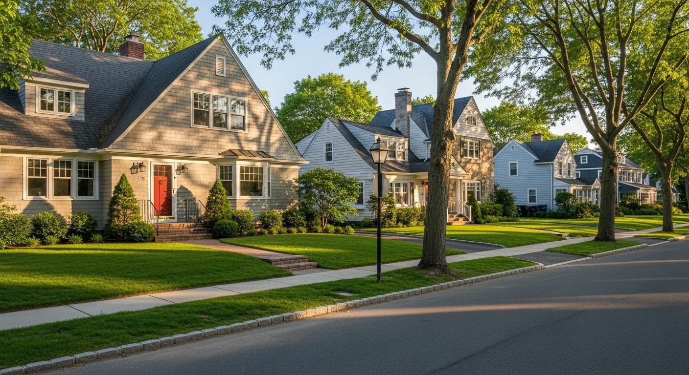 Tree-lined residential neighborhood in Fairfield Connecticut